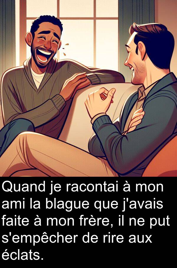 ami: Quand je racontai à mon ami la blague que j'avais faite à mon frère, il ne put s'empêcher de rire aux éclats.