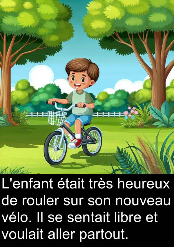 aller: L'enfant était très heureux de rouler sur son nouveau vélo. Il se sentait libre et voulait aller partout.