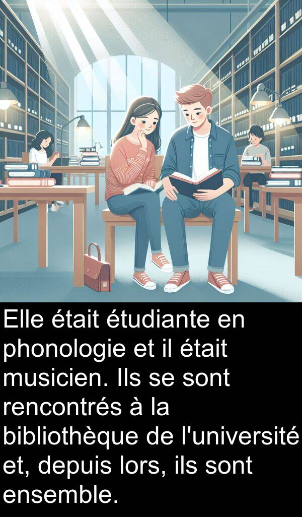 bibliothèque: Elle était étudiante en phonologie et il était musicien. Ils se sont rencontrés à la bibliothèque de l'université et, depuis lors, ils sont ensemble.