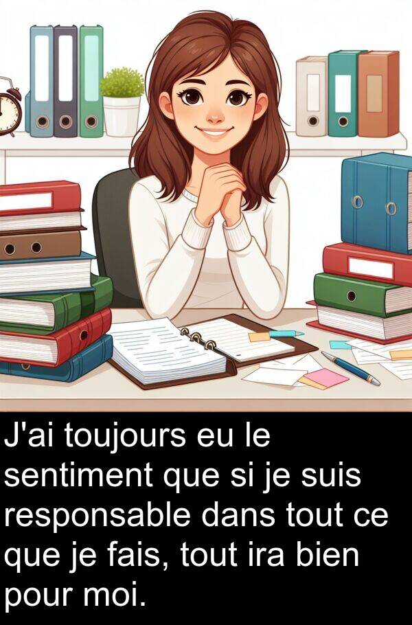 fais: J'ai toujours eu le sentiment que si je suis responsable dans tout ce que je fais, tout ira bien pour moi.