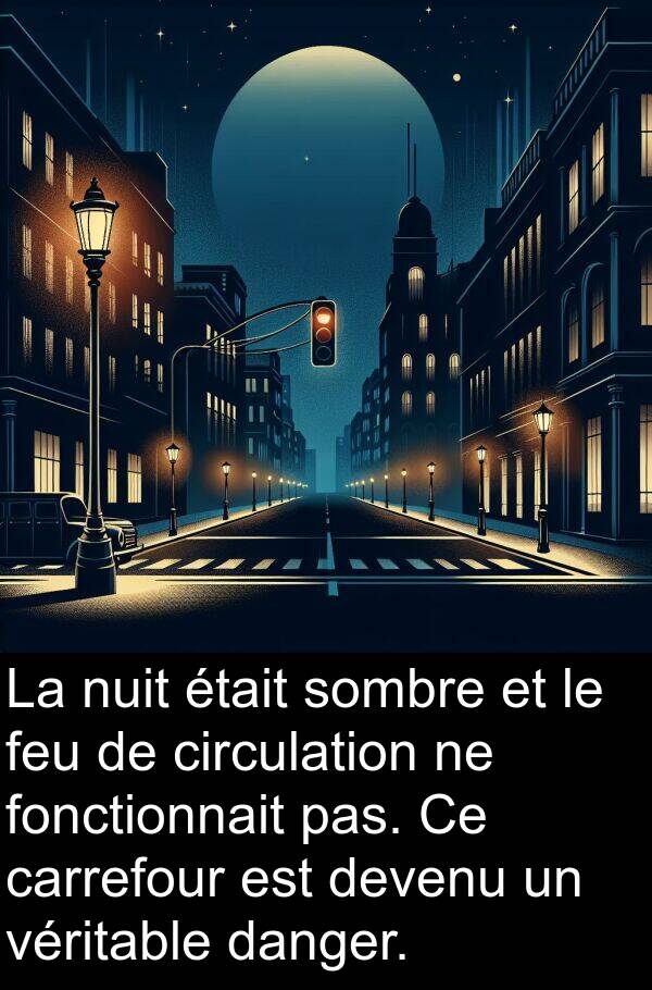 feu: La nuit était sombre et le feu de circulation ne fonctionnait pas. Ce carrefour est devenu un véritable danger.