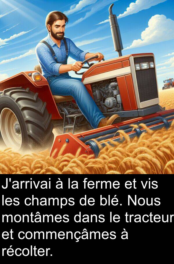 ferme: J'arrivai à la ferme et vis les champs de blé. Nous montâmes dans le tracteur et commençâmes à récolter.