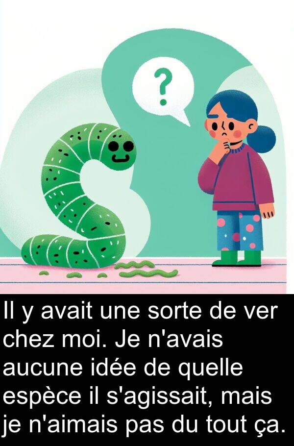 aucune: Il y avait une sorte de ver chez moi. Je n'avais aucune idée de quelle espèce il s'agissait, mais je n'aimais pas du tout ça.