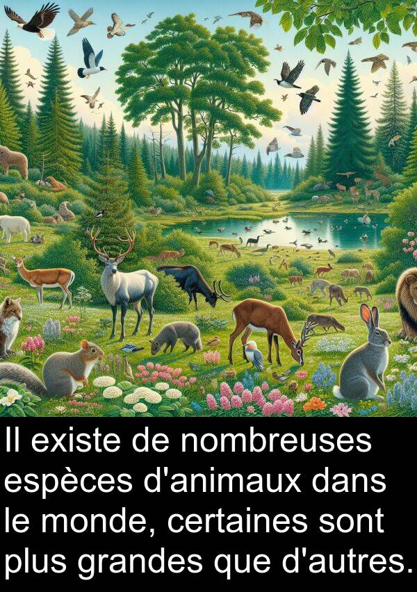 grandes: Il existe de nombreuses espèces d'animaux dans le monde, certaines sont plus grandes que d'autres.