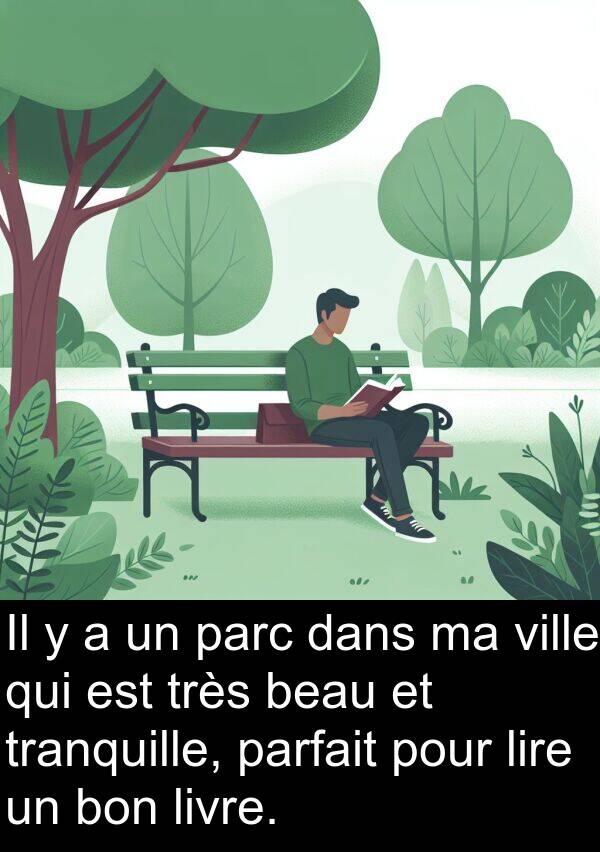 bon: Il y a un parc dans ma ville qui est très beau et tranquille, parfait pour lire un bon livre.