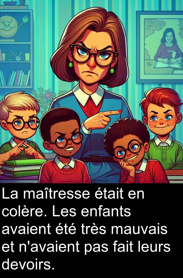 maîtresse: La maîtresse était en colère. Les enfants avaient été très mauvais et n'avaient pas fait leurs devoirs.