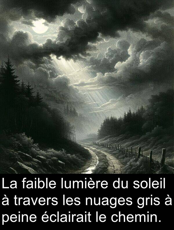 faible: La faible lumière du soleil à travers les nuages gris à peine éclairait le chemin.