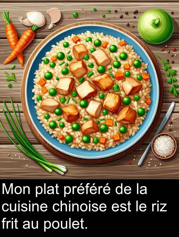 riz: Mon plat préféré de la cuisine chinoise est le riz frit au poulet.