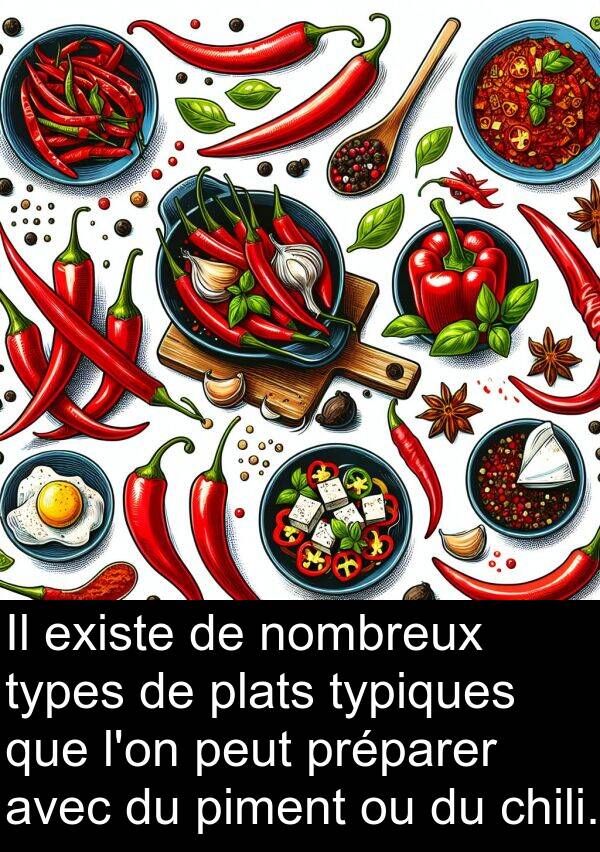 types: Il existe de nombreux types de plats typiques que l'on peut préparer avec du piment ou du chili.