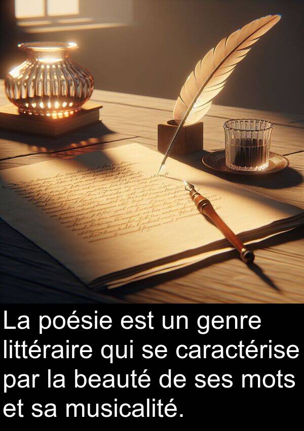 beauté: La poésie est un genre littéraire qui se caractérise par la beauté de ses mots et sa musicalité.