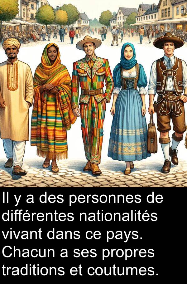 personnes: Il y a des personnes de différentes nationalités vivant dans ce pays. Chacun a ses propres traditions et coutumes.