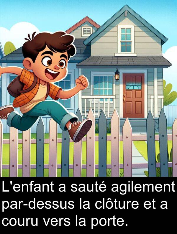 sauté: L'enfant a sauté agilement par-dessus la clôture et a couru vers la porte.