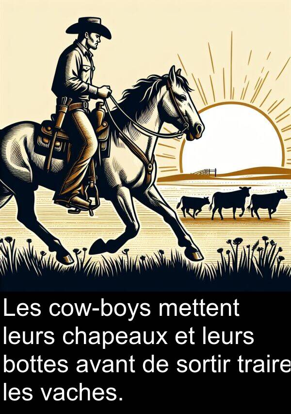 vaches: Les cow-boys mettent leurs chapeaux et leurs bottes avant de sortir traire les vaches.