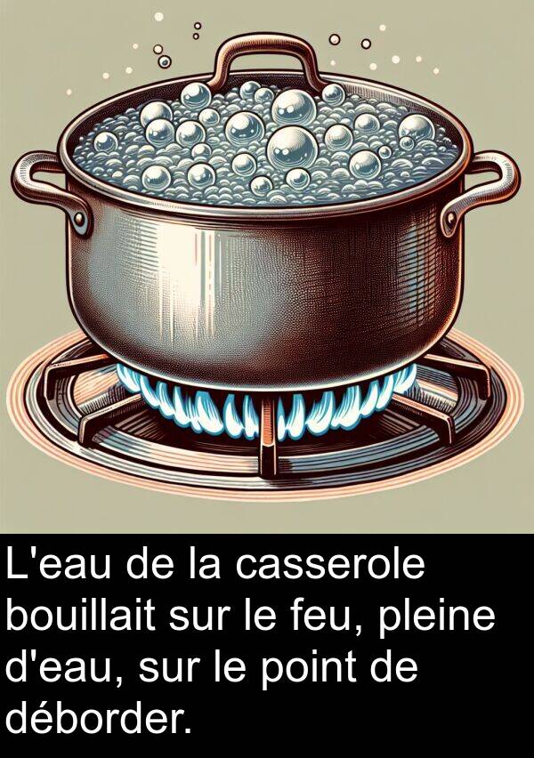 feu: L'eau de la casserole bouillait sur le feu, pleine d'eau, sur le point de déborder.