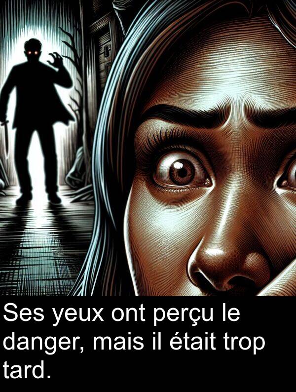 tard: Ses yeux ont perçu le danger, mais il était trop tard.