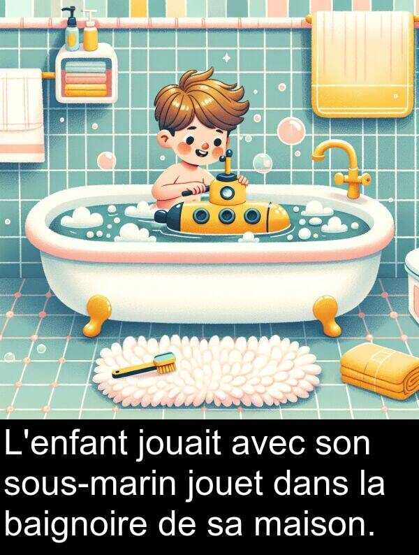 maison: L'enfant jouait avec son sous-marin jouet dans la baignoire de sa maison.