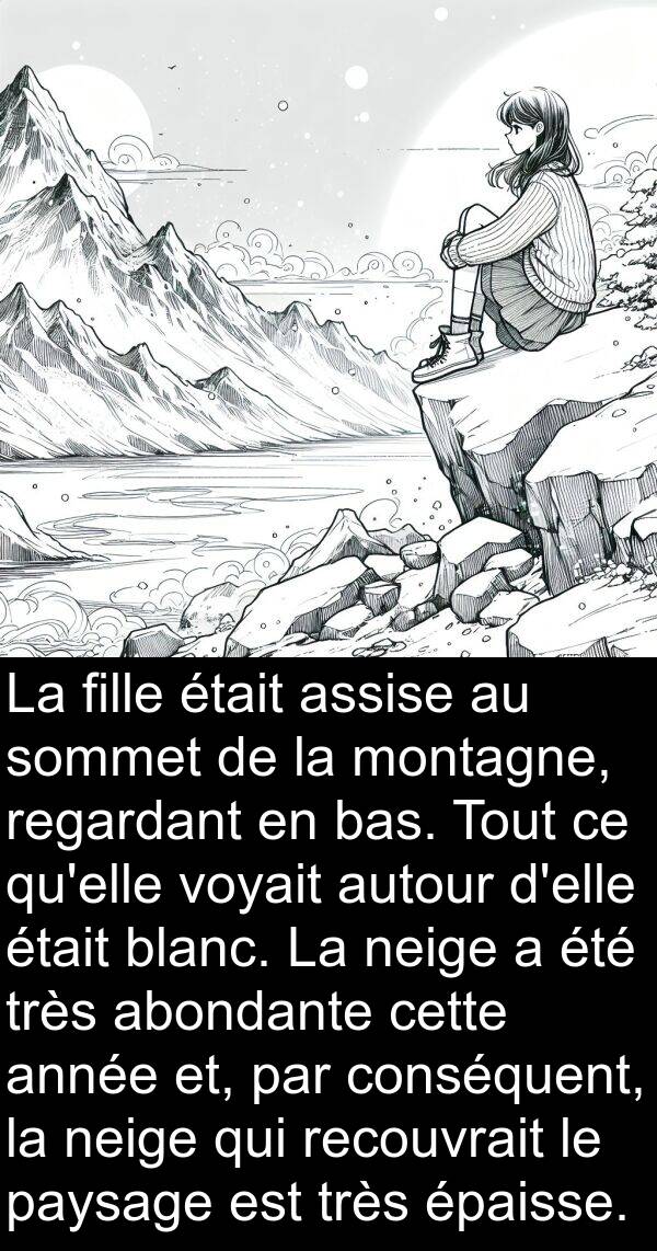 assise: La fille était assise au sommet de la montagne, regardant en bas. Tout ce qu'elle voyait autour d'elle était blanc. La neige a été très abondante cette année et, par conséquent, la neige qui recouvrait le paysage est très épaisse.