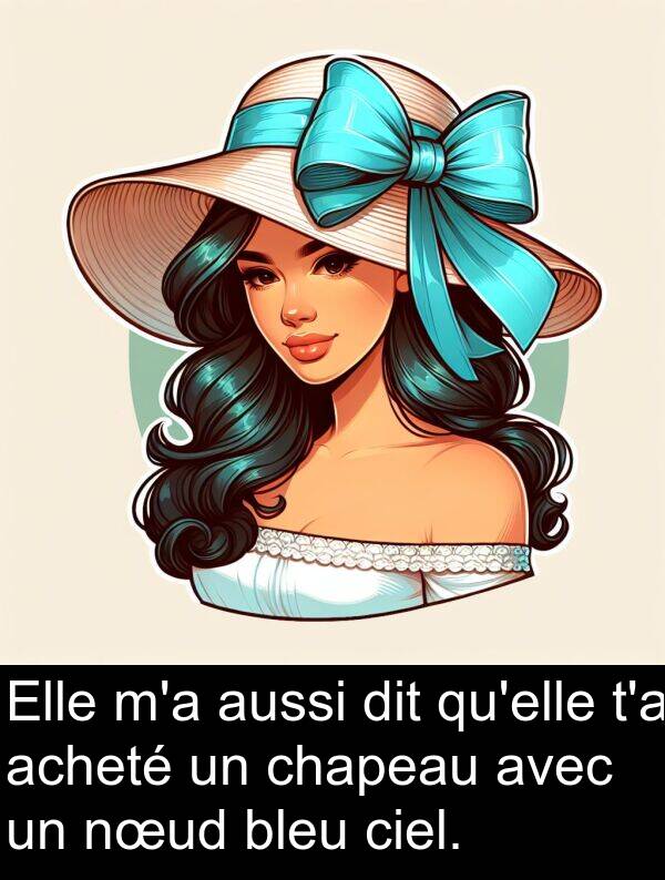 acheté: Elle m'a aussi dit qu'elle t'a acheté un chapeau avec un nœud bleu ciel.