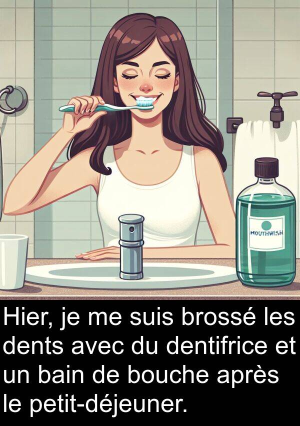 après: Hier, je me suis brossé les dents avec du dentifrice et un bain de bouche après le petit-déjeuner.