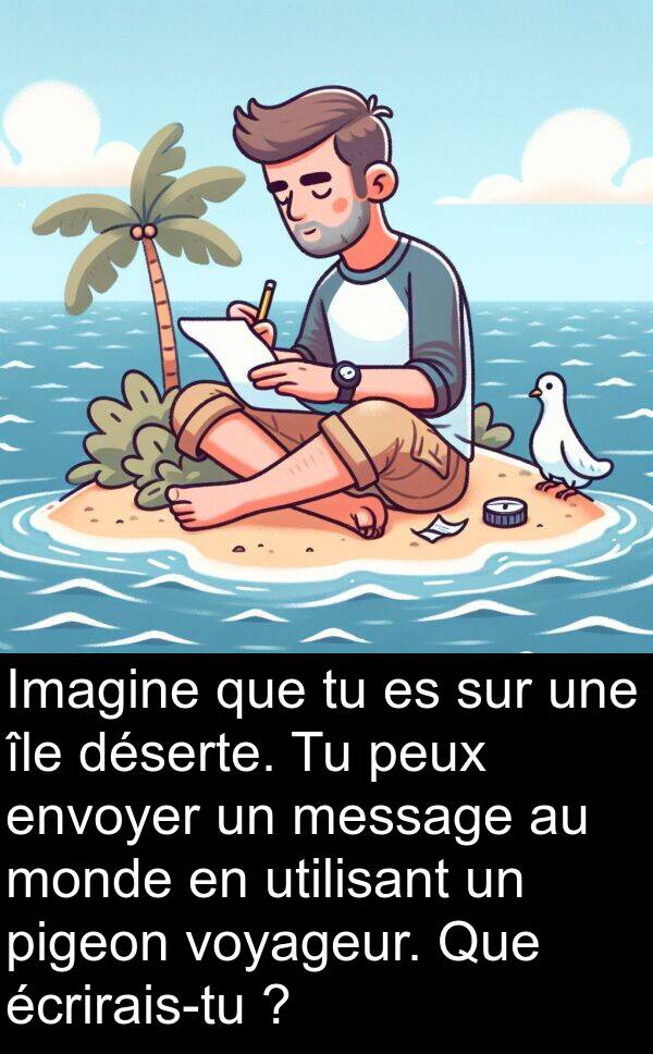 voyageur: Imagine que tu es sur une île déserte. Tu peux envoyer un message au monde en utilisant un pigeon voyageur. Que écrirais-tu ?