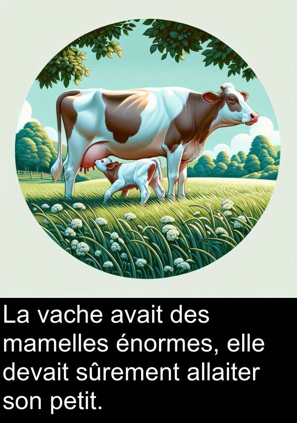 allaiter: La vache avait des mamelles énormes, elle devait sûrement allaiter son petit.