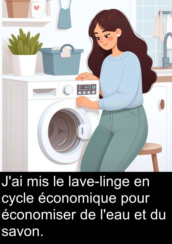 mis: J'ai mis le lave-linge en cycle économique pour économiser de l'eau et du savon.