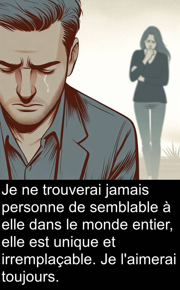 irremplaçable: Je ne trouverai jamais personne de semblable à elle dans le monde entier, elle est unique et irremplaçable. Je l'aimerai toujours.