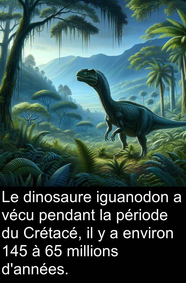 vécu: Le dinosaure iguanodon a vécu pendant la période du Crétacé, il y a environ 145 à 65 millions d'années.