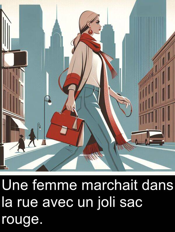 marchait: Une femme marchait dans la rue avec un joli sac rouge.