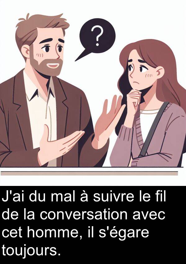 fil: J'ai du mal à suivre le fil de la conversation avec cet homme, il s'égare toujours.