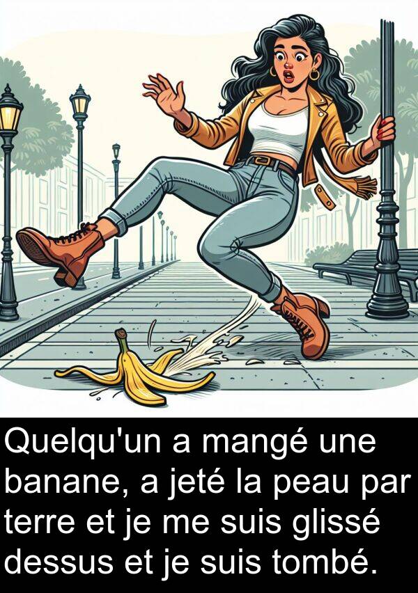 glissé: Quelqu'un a mangé une banane, a jeté la peau par terre et je me suis glissé dessus et je suis tombé.