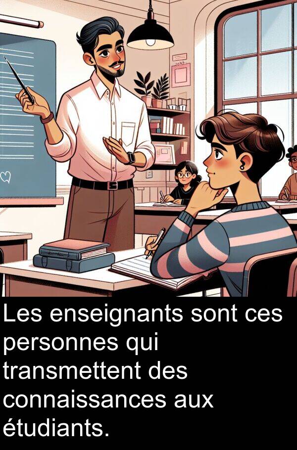 aux: Les enseignants sont ces personnes qui transmettent des connaissances aux étudiants.