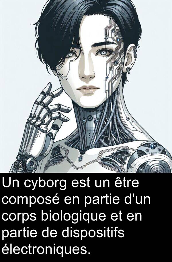 partie: Un cyborg est un être composé en partie d'un corps biologique et en partie de dispositifs électroniques.