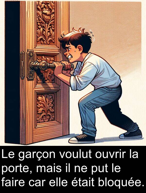 faire: Le garçon voulut ouvrir la porte, mais il ne put le faire car elle était bloquée.