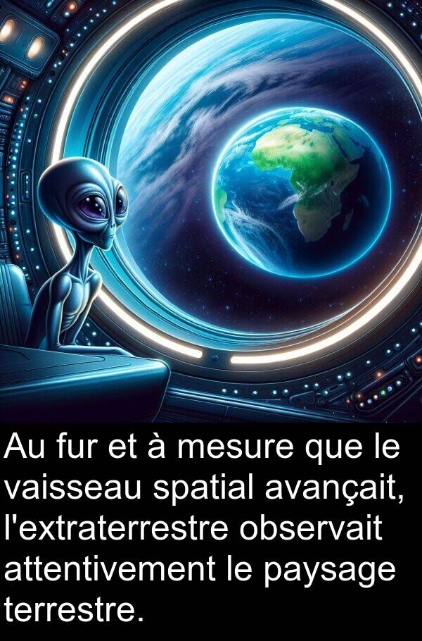 attentivement: Au fur et à mesure que le vaisseau spatial avançait, l'extraterrestre observait attentivement le paysage terrestre.