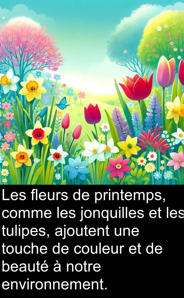 ajoutent: Les fleurs de printemps, comme les jonquilles et les tulipes, ajoutent une touche de couleur et de beauté à notre environnement.