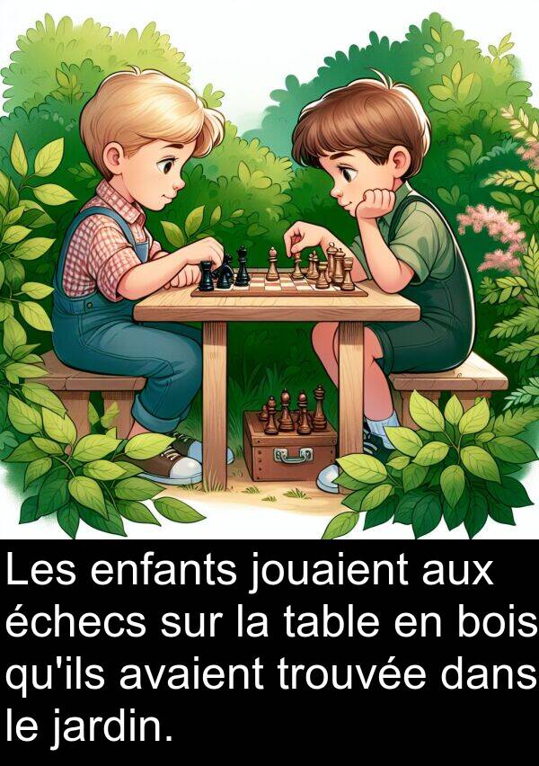 table: Les enfants jouaient aux échecs sur la table en bois qu'ils avaient trouvée dans le jardin.