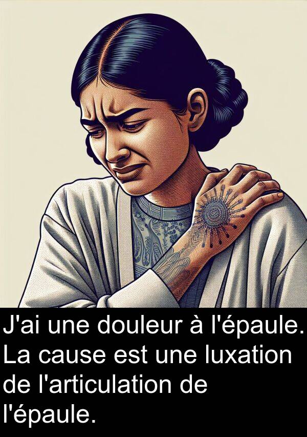 cause: J'ai une douleur à l'épaule. La cause est une luxation de l'articulation de l'épaule.