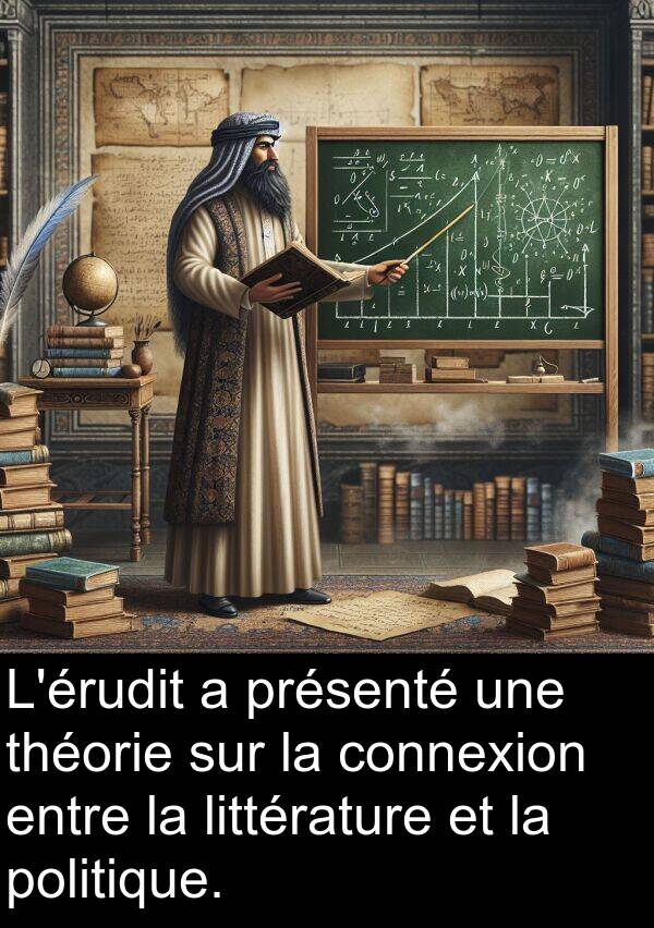 théorie: L'érudit a présenté une théorie sur la connexion entre la littérature et la politique.