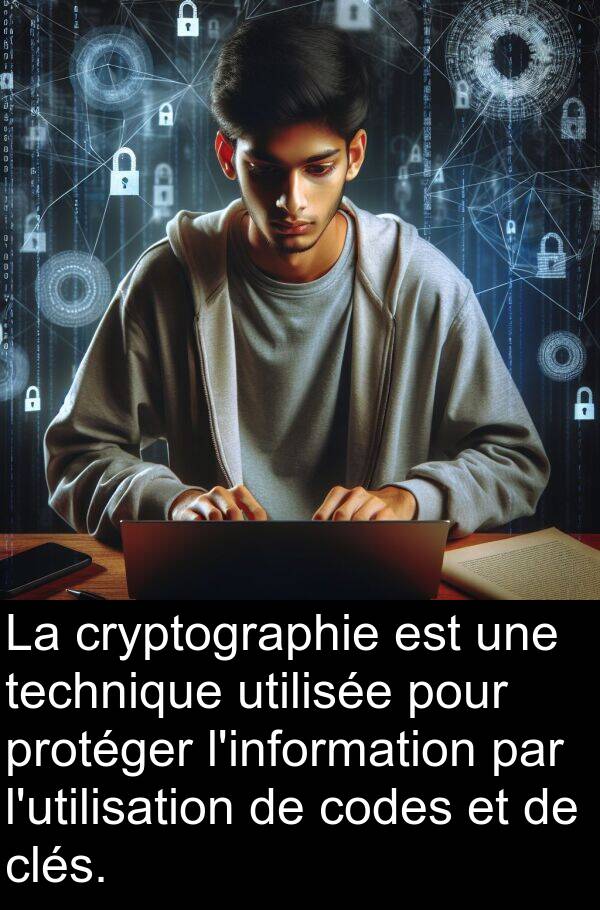 utilisée: La cryptographie est une technique utilisée pour protéger l'information par l'utilisation de codes et de clés.