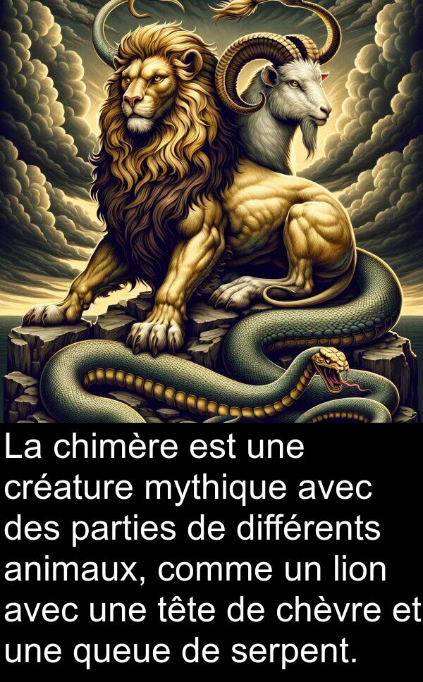 queue: La chimère est une créature mythique avec des parties de différents animaux, comme un lion avec une tête de chèvre et une queue de serpent.