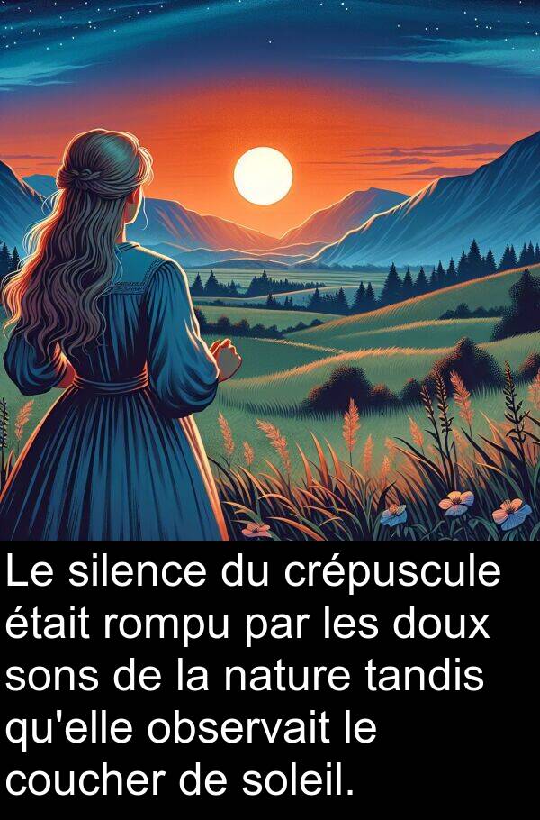 rompu: Le silence du crépuscule était rompu par les doux sons de la nature tandis qu'elle observait le coucher de soleil.