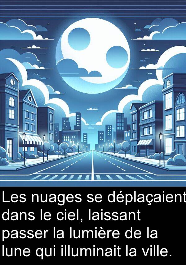 lumière: Les nuages se déplaçaient dans le ciel, laissant passer la lumière de la lune qui illuminait la ville.