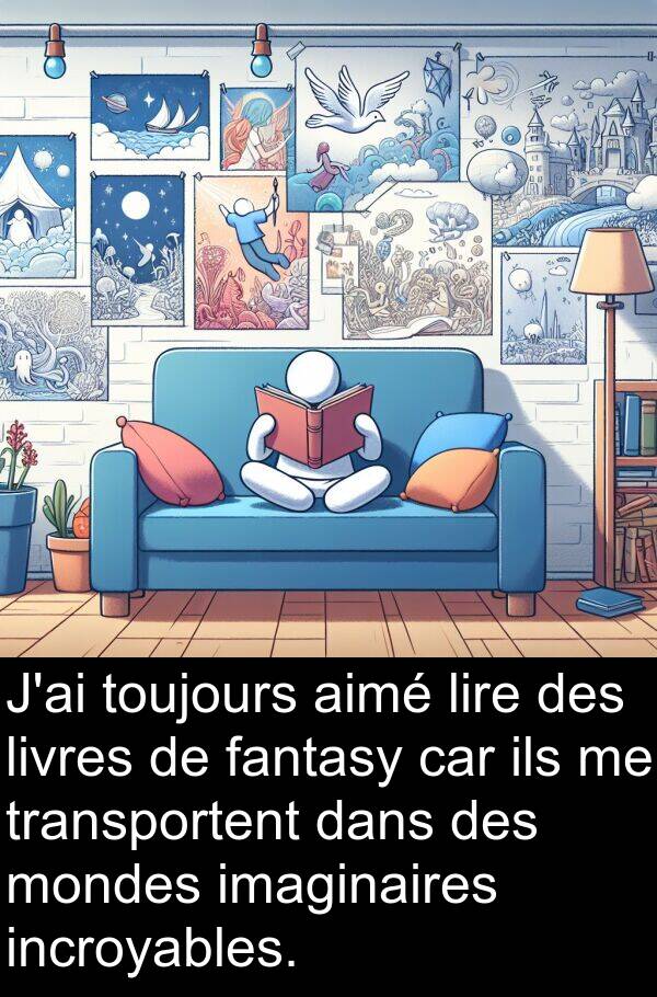 aimé: J'ai toujours aimé lire des livres de fantasy car ils me transportent dans des mondes imaginaires incroyables.