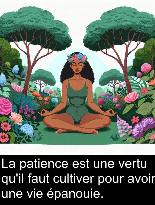 vertu: La patience est une vertu qu'il faut cultiver pour avoir une vie épanouie.