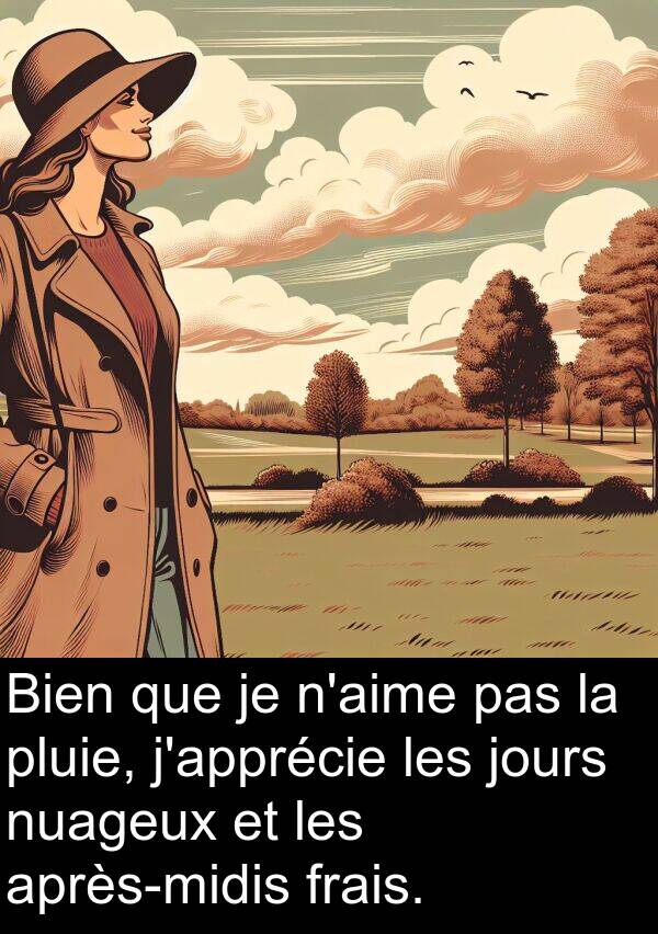 frais: Bien que je n'aime pas la pluie, j'apprécie les jours nuageux et les après-midis frais.