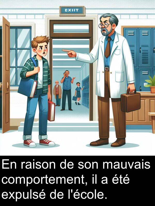 raison: En raison de son mauvais comportement, il a été expulsé de l'école.