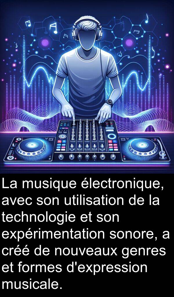 utilisation: La musique électronique, avec son utilisation de la technologie et son expérimentation sonore, a créé de nouveaux genres et formes d'expression musicale.