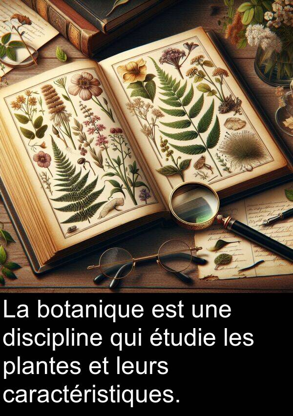 plantes: La botanique est une discipline qui étudie les plantes et leurs caractéristiques.