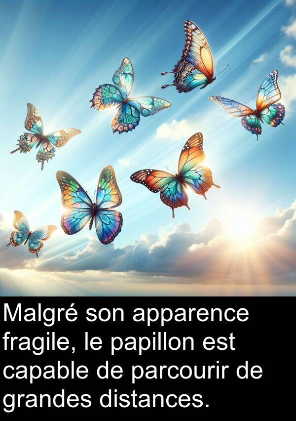 parcourir: Malgré son apparence fragile, le papillon est capable de parcourir de grandes distances.